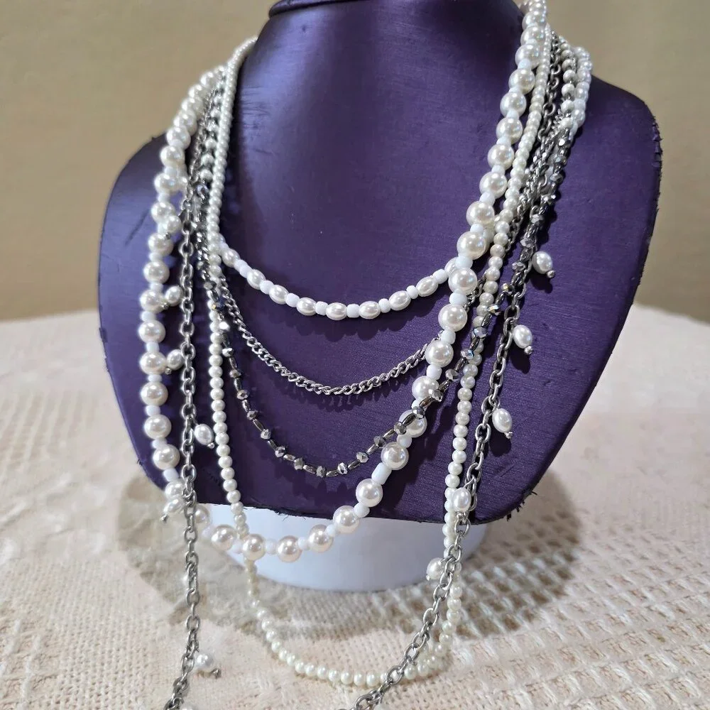 Pearls and Silver Chains Six 6 Strand Layered Vintage Long Elegant Necklace